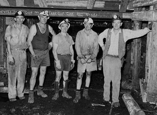 From left - Broncho Maclaughlan, Jack Blanche, George Drydon, Norm Stevens and Ken Drew (deputy) at Northern (Rhondda) Colliery. Mid 1960s. From the Barry Howard collection.