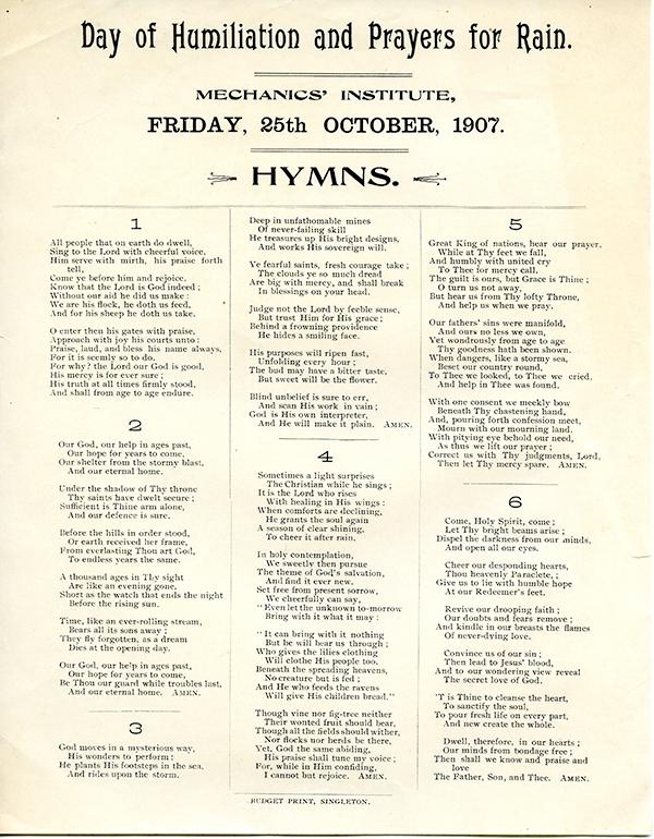 Humns - Day of humiliation and prayers for rain, Singleton Mechanics Institute, Fr 28 Oct 1907