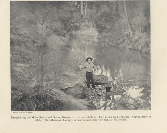 Geological Survey party in 1886. Photo by T W E David. The Abermain Colliery is situated nearby. From T W E David, The geology of the Hunter River coal measures, New South Wales (Sydney: W A Gullick, Govt Pr, 1907).