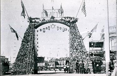 Newcastle Coal Mining Company coal arch for Newcastle centenary celebrations, Burwood and Hunter Streets Newcastle, NSW, 11 September 1897. From the Bert Lovett/Norm Barney Collection, University of Newcastle, Cultual Collections. 
