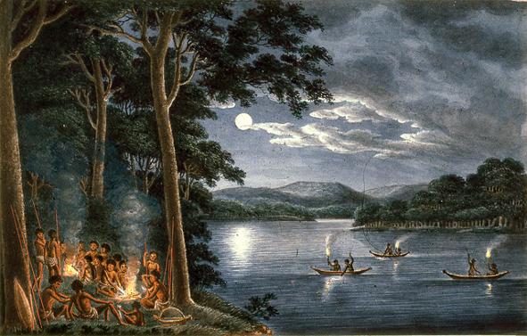 Aborigines Fishing with Canoes, Joseph Lycett Painting