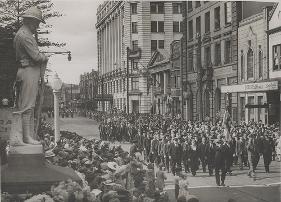 Military parade outside Newcastle Post Office building during the 1940s