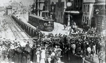  Funeral procession for victims of the Stockton Colliery disaster, Scott and Market Streets Newcastle, [6 December 1896]. From the Bert Lovett/Norm Barney collection, University of Newcastle, Cultural Collections