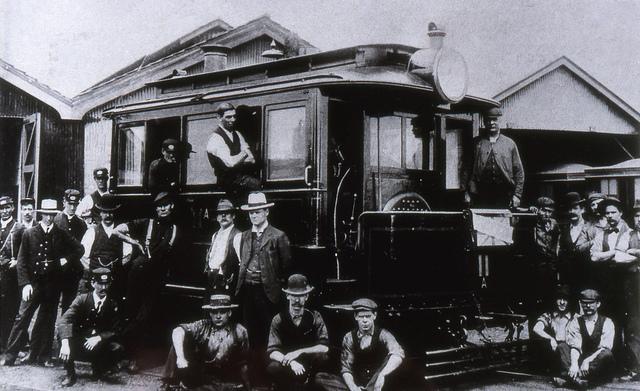 Tram and group of men, Newcastle, NSW, Australia [c.1900]. Dr John Turner Collection, University of Newcastle, Cultural Collections.